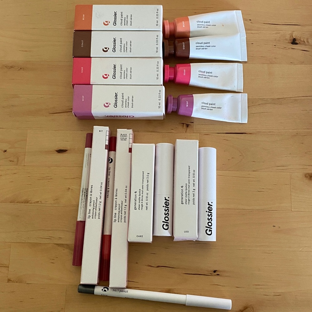 Glossier Cloud Paint, Original Gen G Lip, Bit and Black Cherry Lip Liner, Etch